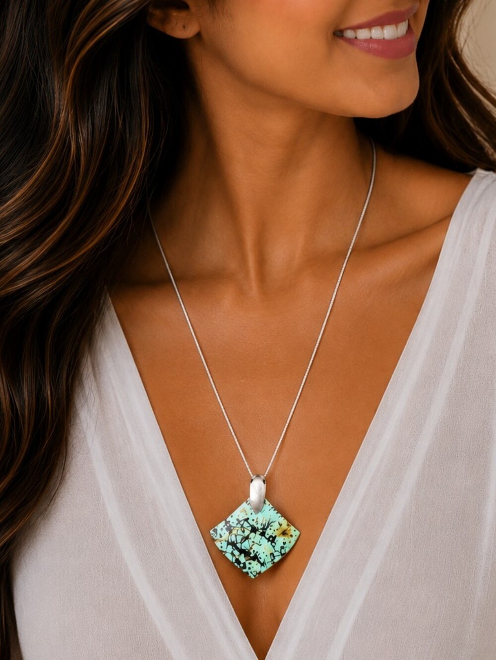 💎Adjustable. Turquoise Stone Pendant Necklace Adjustable Silver Tone Boho Chic